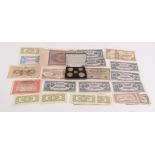 A selection of continental bank notes and two cased sets of 'Britain's First Decimal Coins'.