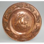 A Pool's of Hayle copper plaque, repousse decorated to the centre with a galleon,
