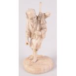 A Chinese ivory figure of an elderly gentleman, carrying a bottle tied to his staff,