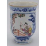 A Chinese export porcelain, famille rose mug, the central panel decorated with a family on a bridge,