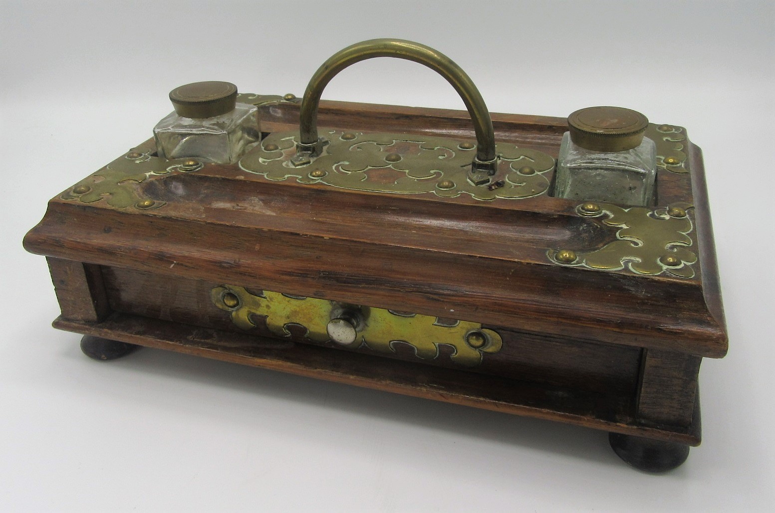 A Victorian oak brass mounted inkstand, 25.5cm, and two boxes.