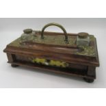 A Victorian oak brass mounted inkstand, 25.5cm, and two boxes.