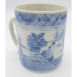 A Chinese export blue and white porcelain mug, decorated with a river scene with boats, pagodas,
