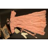 A pink crepe and lace floor length dress, possibly size 12, early 20th century,