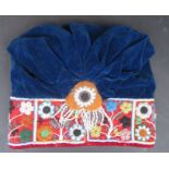 A Central Asian blue and red velvet hat,