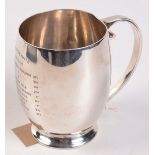 A plain silver pre war horse racing mug with scrolling handle by Charles S Green & Co,
