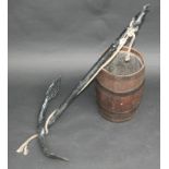 A iron banded wooden barrel, height 38cm and a black painted iron anchor, length 91.5cm.