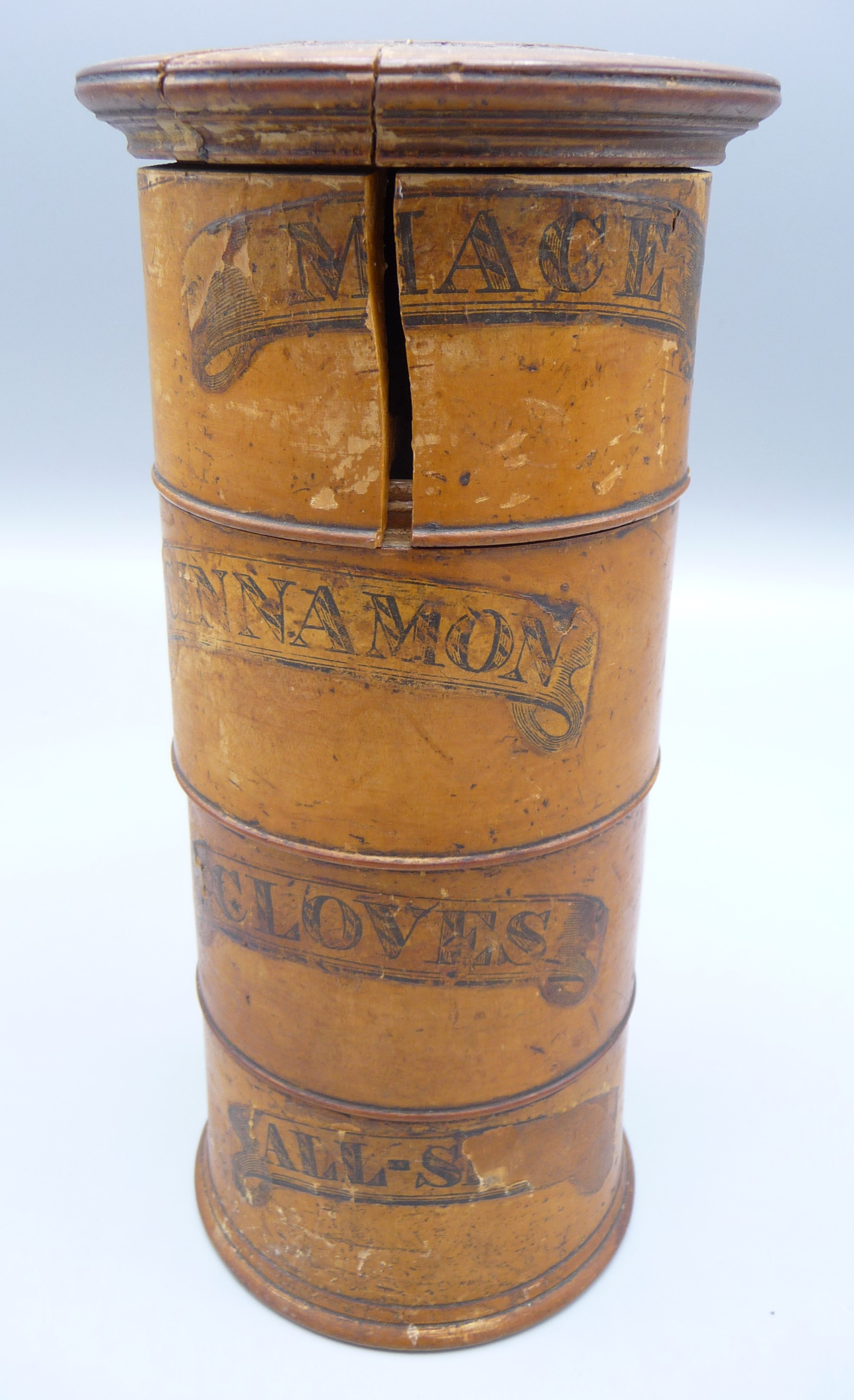 A Victorian treen spice tower, the four sections labelled 'Mace', 'Cinnamon', - Image 3 of 5