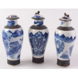 Three Chinese blue and white crackle glaze vases, circa 1900,