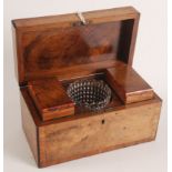 A figured walnut and rosewood crossbanded tea caddy, early 19th century, ebony strung,