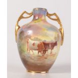 A Royal Doulton twin handled vase, painted by Joseph Hancock, decorated with cattle, signed,