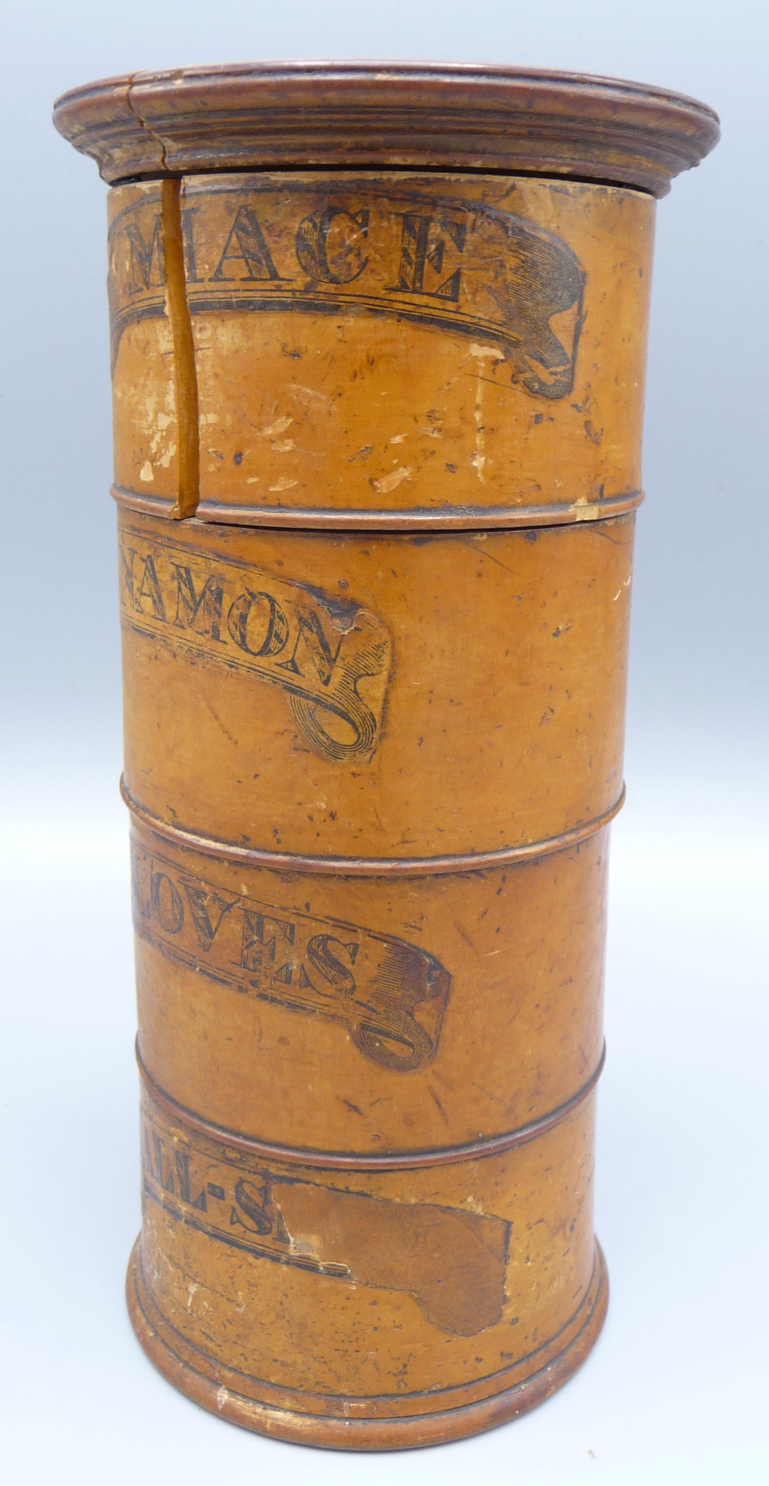 A Victorian treen spice tower, the four sections labelled 'Mace', 'Cinnamon', - Image 5 of 5