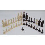 An Indian carved bone chess set, height of king 11cm.