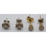 A pair of 9ct gold diamond cluster stud earrings, together with one other pair of stud earrings.