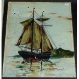 An oil on glass signed Marsden Prophet of a sailing ship at anchor,