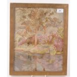 A gilt framed silkwork picture of a river scene with trees and flowers, 43 x 35cm.