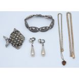 A marcasite set silver bracelet, a paste set fish brooch, a gold necklace etc.