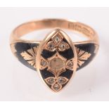 A 15ct gold Victorian black enamel mourning ring set diamonds, central pearl missing.