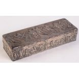 A large embossed silver cigarette box, the lid with seven Graces,