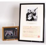 A Brian Jones photograph and facsimile death certificate, framed as one,