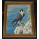 A framed oil on board signed R.B. Treleaven 'Peregrine Falcon N.Cornwall', 47 x 36cm.