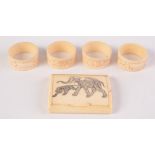 A Chinese ivory snuff box, incised decoration of an elephant and prowling lion,