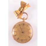 An 18ct key wind gold open faced fob watch with milleret Swiss movement, gilt suspension bow brooch.