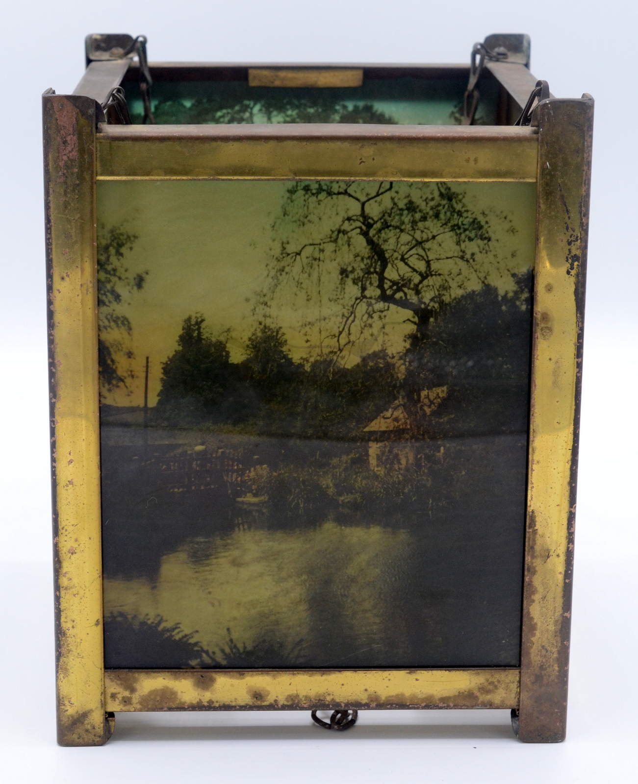 A brass hall lantern, with four photographic glass panels showing coastal and river scenes, - Image 2 of 2