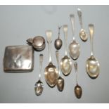 A silver cigarette case, silver spoons and a silver mustard, 10.5oz.