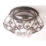 A glass and wrought iron light fitting, diameter 32cm.