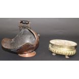 A Victorian copper coal helmet and an oval brass jardiniere stand.