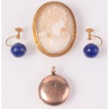 A gold locket, a pair of gold mounted lapis lazuli earrings and a cameo brooch.