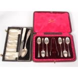 Six silver teaspoons and sugar tongs, cased, and two other pieces.