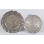 Two pewter heraldic decorated plates, the first inscribed 'James Lindsay, Earl of Cranford,