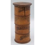 A Victorian treen spice tower, the four sections labelled 'Mace', 'Cinnamon',