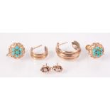 A pair of 9ct turquoise set earrings, two other gold earrings and a pair of diamond set earrings.