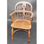 A pair of yew wood Windsor lath splat armchairs, with crinoline stretchers.