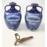 Two Schweppes Green Ginger Wine blue glazed stoneware flagons, height 30cm.