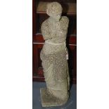 A reconstitued stone garden statue of Venus, on a square plinth base, height 85cm.