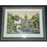 A Chinese watercolour of a river scene with people, boats, a bridge,