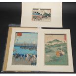 Three unframed Japanese woodblock prints, 36.5 x 24.5cm, 35.5 x 24.5cm and 17 x 23cm.