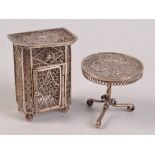 A 19th century miniature silver filigree tripod table and a similar cabinet.