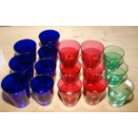 A collection of Baccarat 'Mosaique' glass tumblers, four blue and two red, height 11.