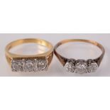 Two 18ct gold rings each set three diamonds. Condition report: 6.