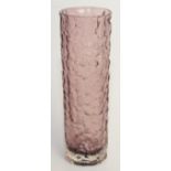A Whitefriars purple glass tree bark vase of cylindrical form, height 20cm.