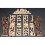 Five carved wood panels and a pair of Georgian pierced chair splats.
