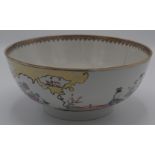 A large Chinese famille rose bowl, gilt decorated with a pavillion scene, figures and trees,