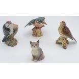 A Beswick Lesser Spotted Woodpecker, No. 2420, Thrush 2308, Kingfisher 2371 and a cat.
