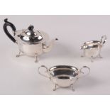 A silver oval shaped, three piece tea service. 18.5oz.