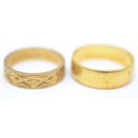 A 22ct gold plain band, 5.5g, and an 18ct gold geometric chased band, 3.6g.